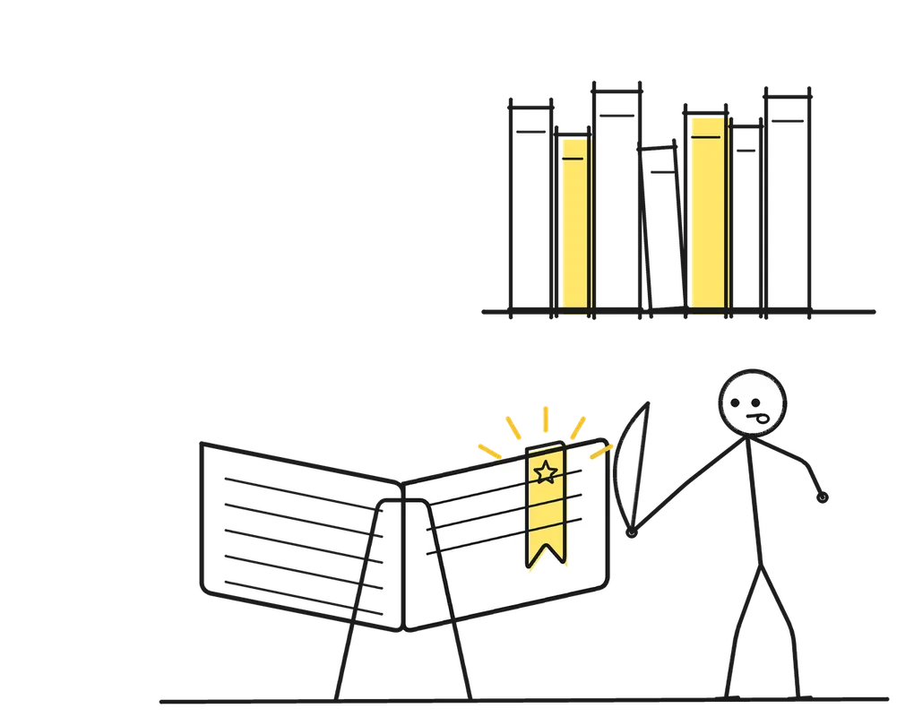 Sketch of a stick figure with a quill beside a giant open ledger marked with a yellow star bookmark, a shelf of books behind