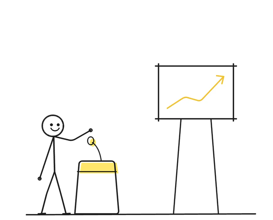 Sketch of a stick figure with props representing Business & Management Speaker