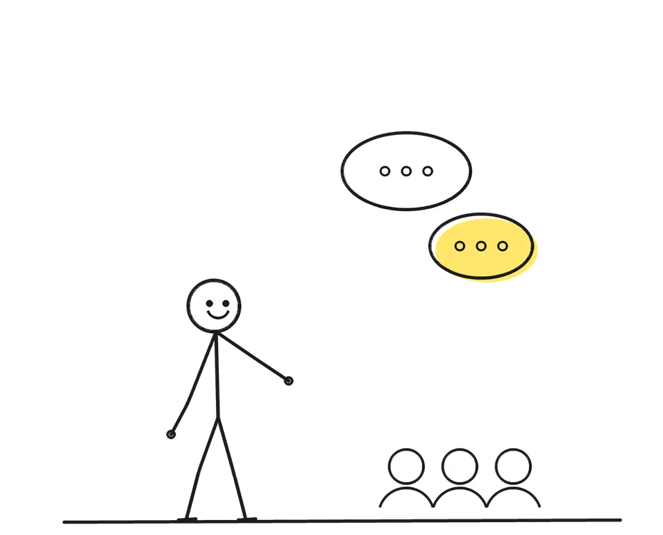 Sketch of a stick figure with props representing Communication & Public Speaking Coach