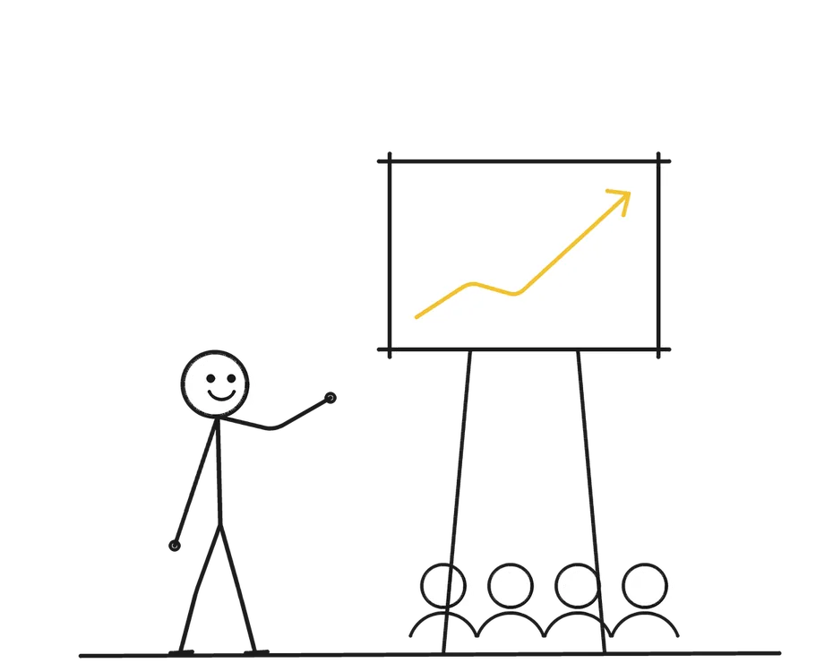 Sketch of a stick figure with props representing Corporate Training Speaker