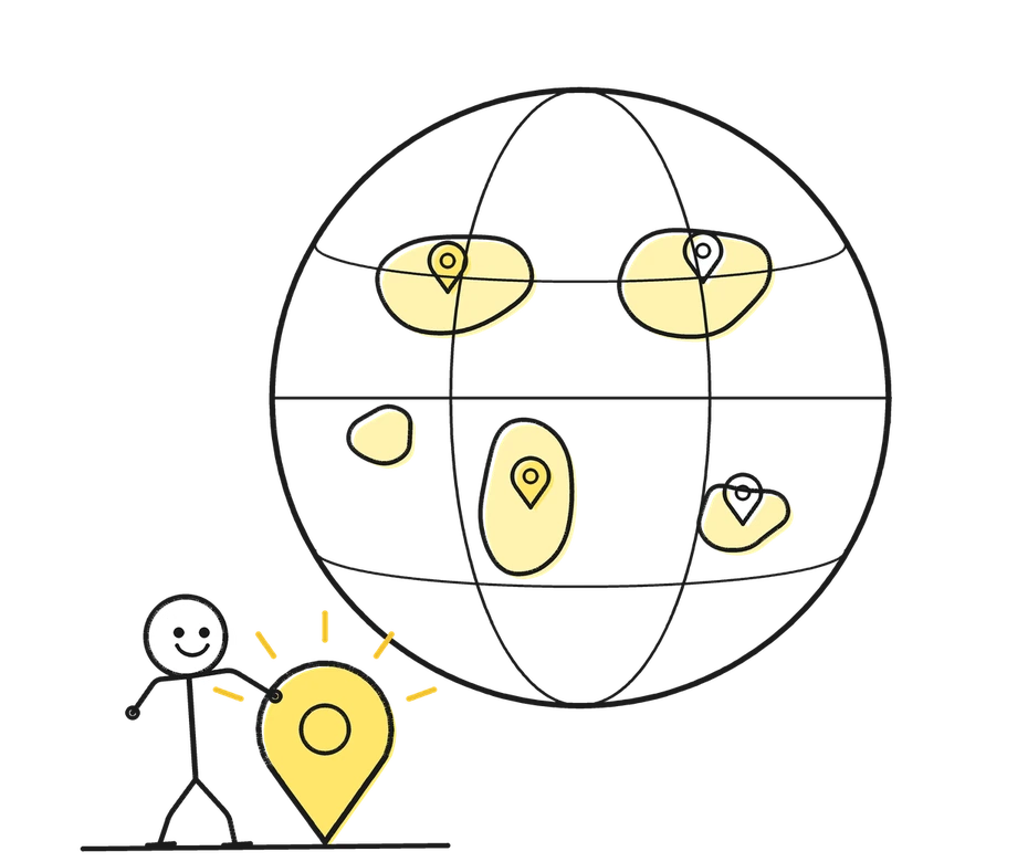 Sketch of a stick figure proudly standing beside a giant yellow map pin next to a globe dotted with pins
