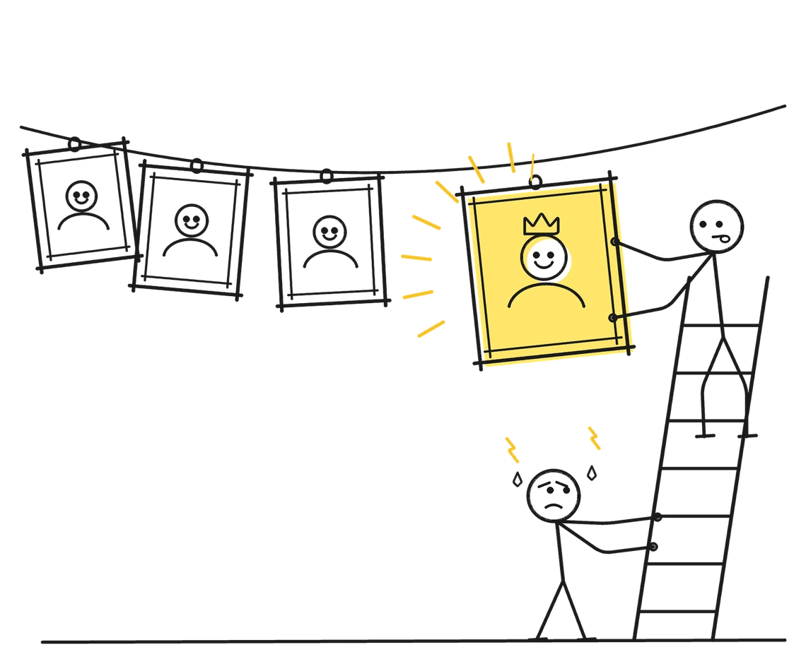 Sketch of two stick figures hanging a yellow crowned portrait on a string of leader portraits, one on a ladder and one nervously holding it
