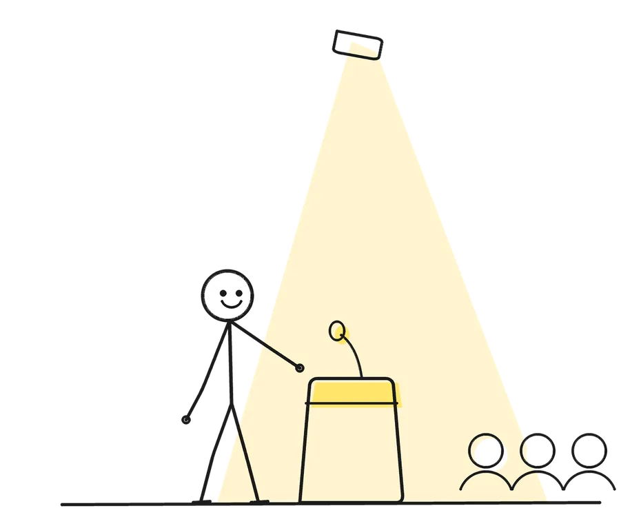Sketch of a stick figure with props representing Keynote Speaker