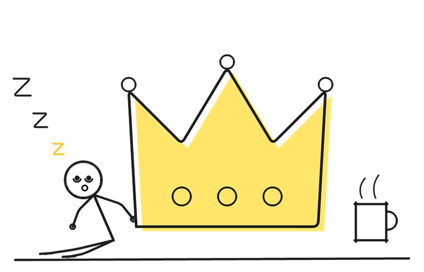 Sketch of a stick figure napping against a giant yellow crown next to a cup of coffee