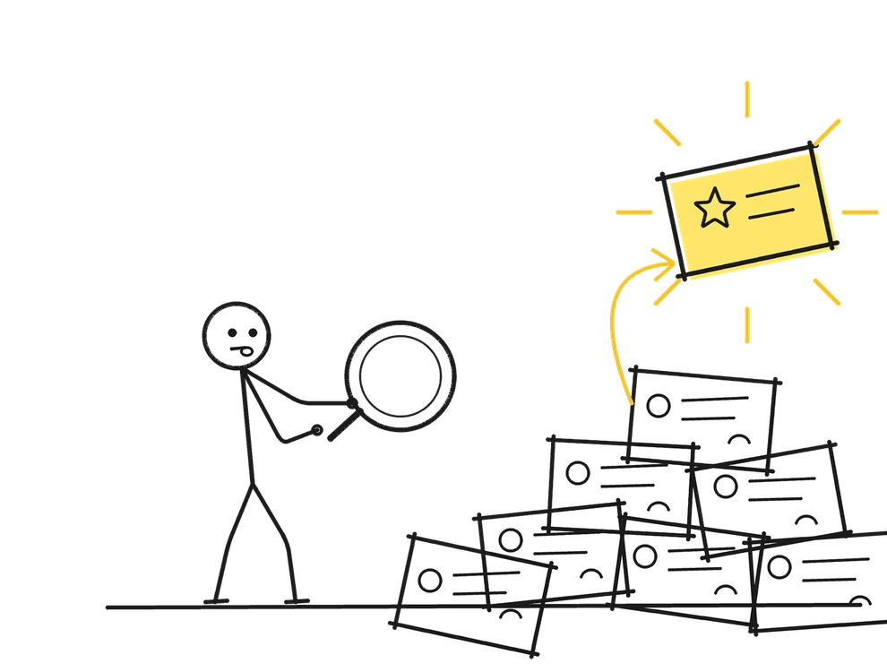 Sketch of a stick figure with a magnifying glass beside a pile of profile cards as one yellow card flies out