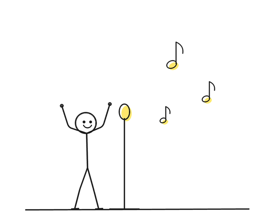 Sketch of a stick figure with props representing Singer