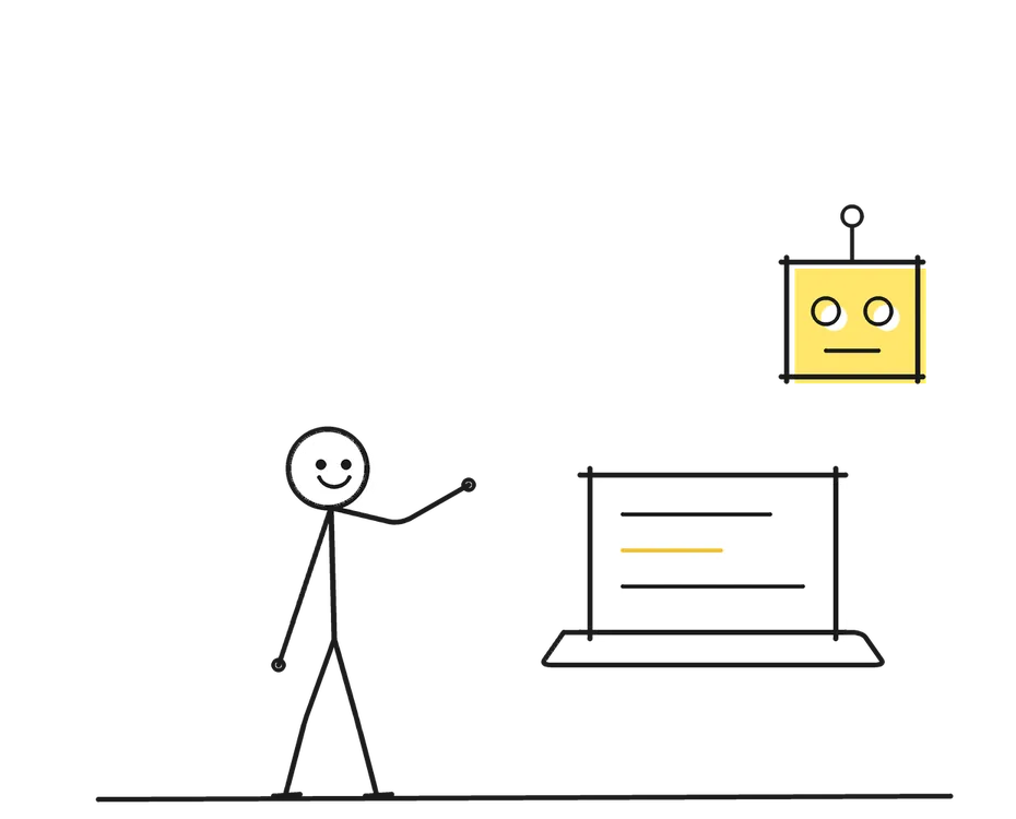 Sketch of a stick figure with props representing Technology & AI Speaker