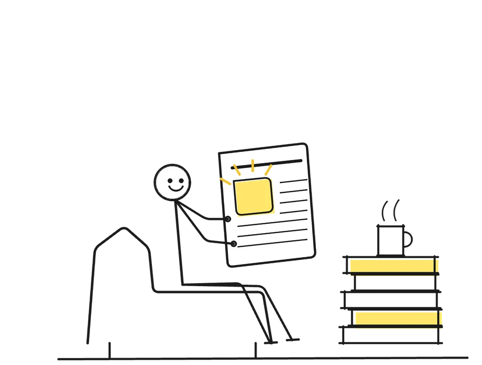 Sketch of a stick figure reading a newspaper in an armchair next to a stack of journals topped with coffee