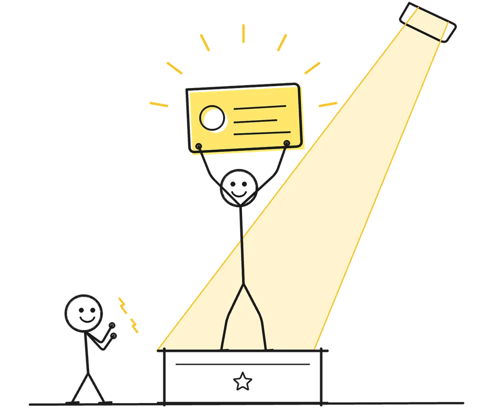 Sketch of a stick figure on a plinth under a spotlight holding up a yellow profile card while a small fan claps