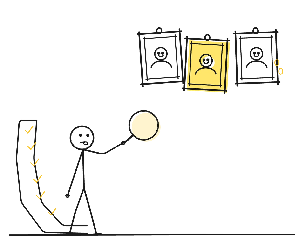 Sketch of a planner with a magnifying glass and a long checklist comparing three framed candidates